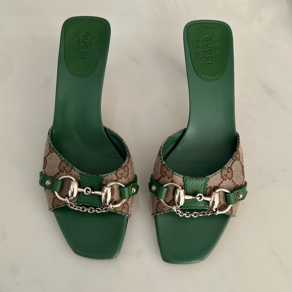Gucci by Tom Ford Green GG Monogram Horsebit Mules / US 6 1/2 / Vintage - Picture 6 of 10
